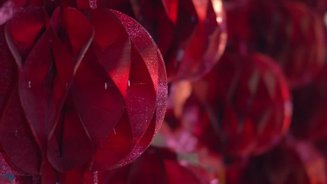 Red, Chinese paper lanterns to celebrate luck and prosperity for the Chinese New Year - focus pull long the line of laterns with bokeh for abstract background and copy space