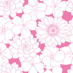 Vector white flowers seamless pattern pink background