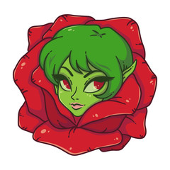 Portrait of cute green hair girl with elf ears and red eyes in red rose. Female head framed by a rosebud. Can be used for tattoo, print on clothes, stickers, logo and patches.