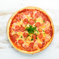Traditional pizza paperoni. Top view. free space for your text. Rustic style.
