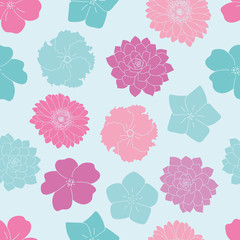 Vector blue and pink flowers seamless pattern blue background