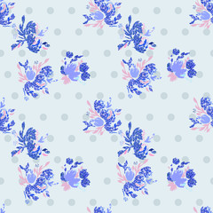 Blue floral background. Vector glitter textured seamless pattern with flowers bouquet.