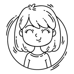 Female character in cartoon style. Avatar girl in a circle. Black and white illustration isolated on white background. Character for web.
