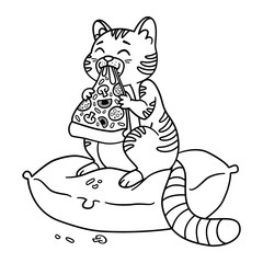 Obraz premium Cat with a pizza slice in the mouth. Kitty sit on the pillow and eating pizza. Amusing domestic pet illustration isolated on white background. Illustration for coloring book.