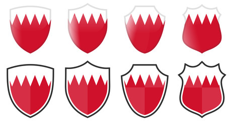 Vertical Bahrain flag in shield shape, four 3d and simple versions.