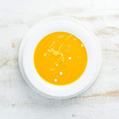 Corn soup with cream. Top view. Free space for your text.
