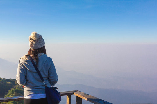 woman look out sky view at kiw mea pan, chaingmai, thailand