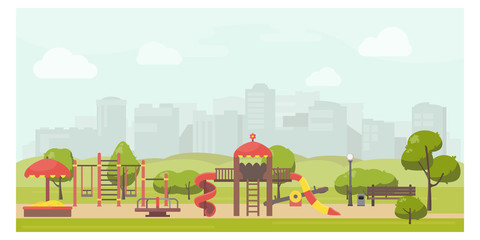 Kids playground in city park flat illustration. Stock vector. Playground design with slide, swing, carousel, sandbox. Public park landscape.