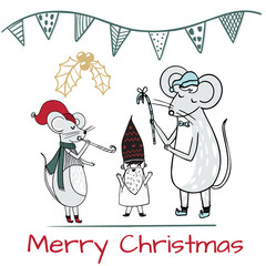 Merry Christmas gift card template with cute cartoon mouses. Holiday positive print postcard.