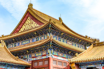 Fototapeta premium China, Beijing, Forbidden City Different design elements of the colorful buildings rooftops closeup details