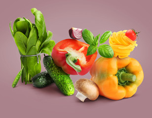 Assortment of fresh vegetables with pasta on color background