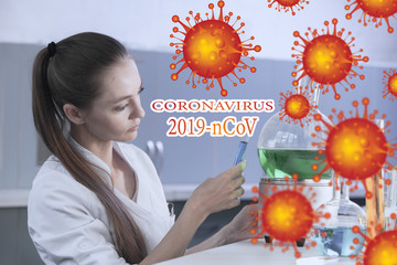 Female scientist with sample working in laboratory. Concept of Coronavirus epidemic