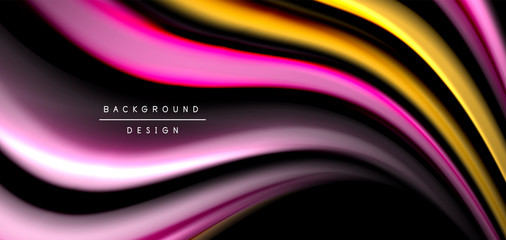 Abstract silk smooth lines on black, multicolored liquid fluid rainbow style waves on black