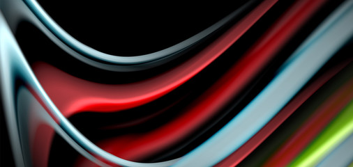 Abstract silk smooth lines on black, multicolored liquid fluid rainbow style waves on black