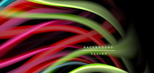 Abstract silk smooth lines on black, multicolored liquid fluid rainbow style waves on black