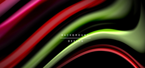 Abstract silk smooth lines on black, multicolored liquid fluid rainbow style waves on black