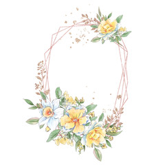 Watercolor neo vintage golden geometric frame with a beautiful bouquet of spring flowers
