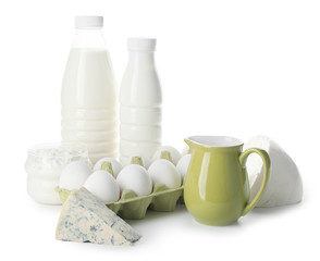 Different dairy products on white background