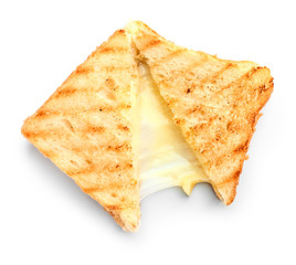 Tasty sandwiches with cheese on white background