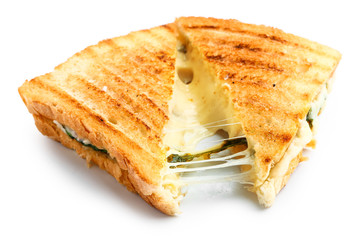 Tasty sandwiches with cheese on white background