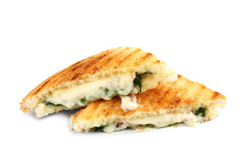 Tasty sandwiches with cheese on white background