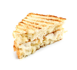 Tasty sandwiches with cheese on white background