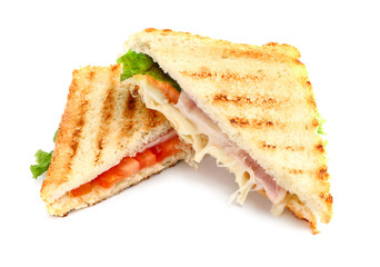 Tasty sandwiches with cheese and ham on white background