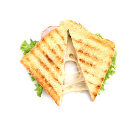 Tasty sandwiches with cheese and ham on white background