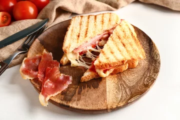 Gordijnen Plate with tasty sandwiches on table © Pixel-Shot