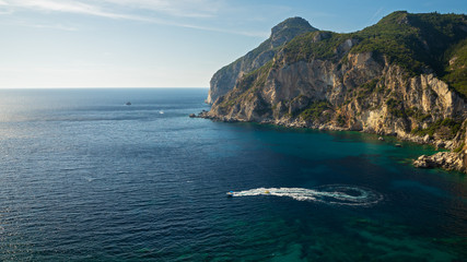 The mountainous coast of the Greek island of Corfu on the Ionian sea