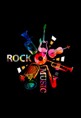 Obraz premium Music promotional poster with colorful instruments vector illustration. Artistic music background, music show, live concert events, party flyer design template