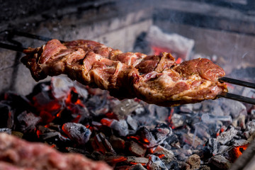 Delicious beef and pork barbecue on grill. Georgian restaurant.