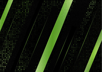Abstract tilted stripes, halftone squares on a black background. Green gradient, small particles. Universal template for cover design, business card, flyer.