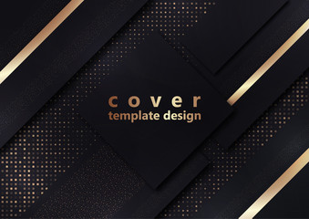 Black geometric shapes on a background of halftones from squares. Inclined stripes and small particles of gold color. Universal template for cover design, business card, flyer.