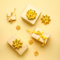 Packed gifts on color background