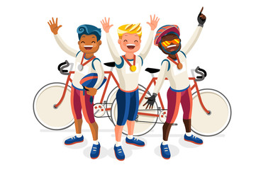 Crowd of persons celebrate xxxii summer games athletics medal. Sportive people celebrating cycling team. Cyclist athlete symbol on victory celebration. Sports cartoon symbolic flat vector illustration