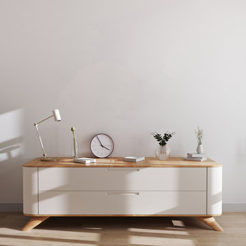 Bright modern interior background with white wall and white wooden chest of drawers and stylish decor. Scandinavian style, interior mockup, 3d rendering