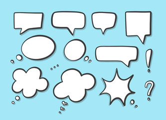 Set of hand sketched speech bubbles with shadow. Vector speech bubble in pop art style EPS 10 illustration.