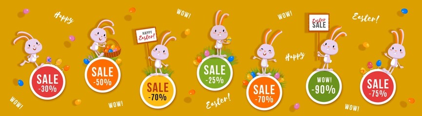 Easter discounts set of round banners with cute bunnies and Easter eggs. Isolated vector clip art with amusing rabbits for festive sale and advertising design