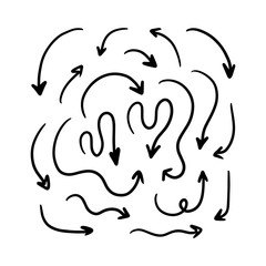 Set, collection of black smooth hand drawn arrows isolated on white background.