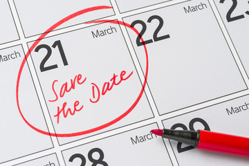 Save the Date written on a calendar - March 21