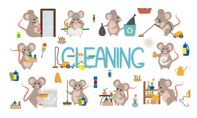 Set cute mice and rats doing housework. Rodents throw out garbage, wash dishes, wash clothes in a washing machine, vacuum clean, iron clothes, wipe mirrors, water flowers and do cleaning. Flat cartoon