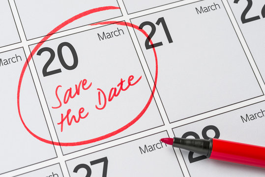 Save the Date written on a calendar - March 20