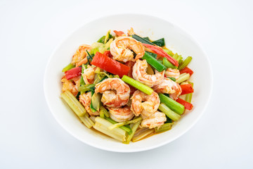 Stir-fried shrimp with celery in a dish on white background