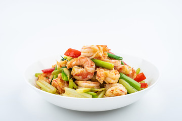 Stir-fried shrimp with celery in a dish on white background