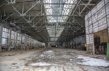 Interior of an abandoned industrial workshop. MIG Aircraft Building Plant in Moscow, Russia