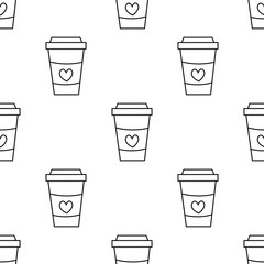 Hand drawn coffee cups with hearts seamless repeat pattern.Valentine's day pattern.
