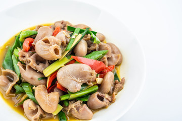 Chinese national dish fried grouper maw with garlic leaves