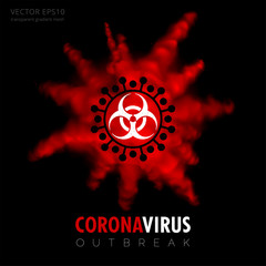 Coronavirus outbreak. Square vector sticker about new nCoV epidemic. Novel deadly virus. White biohazard symbol, black spikes and red splash. Realistic bloody explosion. Alert and awareness poster