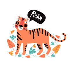 Funny tiger in tropical leaves. Flat vector illustration. Wild exotic animals. Cute animal cartoon character idea for child printable stuff and t shirt, greeting card, nursery wall art. Hand drawn.